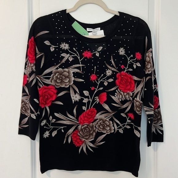 NWT Emily Daniels Lightweight 3/4 Sleeve Embellished Black Sweater Petite Small - Picture 5 of 12